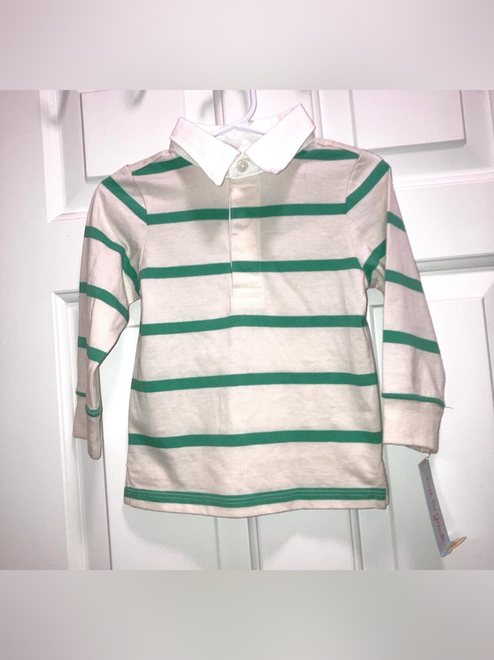 Cat & Jack toddler boys green and white striped long sleeve polo shirt Size 18M